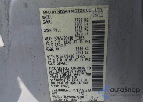 2011 Nissan Xterra X z USA, uszkodzony, nr VIN 5N1AN0NUXBC514839